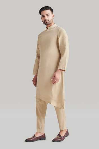 Blue Lotus Design_Beige Cotton Plain Kurta And Pant Set _Online_at_Aza_Fashions