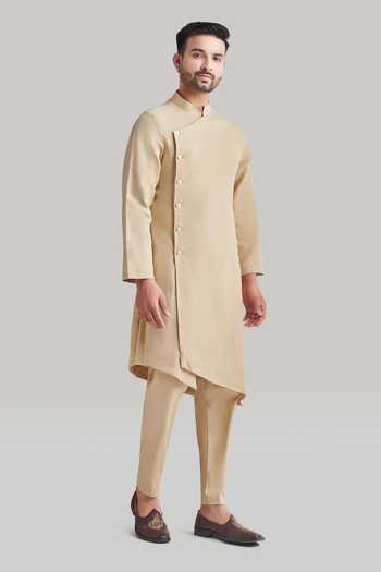 Buy_Blue Lotus Design_Beige Cotton Plain Kurta And Pant Set _Online_at_Aza_Fashions