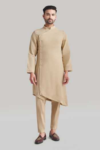 Shop_Blue Lotus Design_Beige Cotton Plain Kurta And Pant Set _Online_at_Aza_Fashions