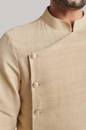 Blue Lotus Design_Beige Cotton Plain Kurta And Pant Set _at_Aza_Fashions