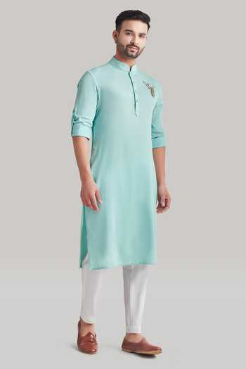 Blue Lotus Design_Blue Cotton Placement Embroidered Kurta And Pant Set _Online_at_Aza_Fashions
