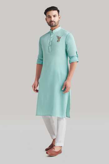 Buy_Blue Lotus Design_Blue Cotton Placement Embroidered Kurta And Pant Set _Online_at_Aza_Fashions