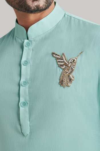 Shop_Blue Lotus Design_Blue Cotton Placement Embroidered Kurta And Pant Set _Online_at_Aza_Fashions