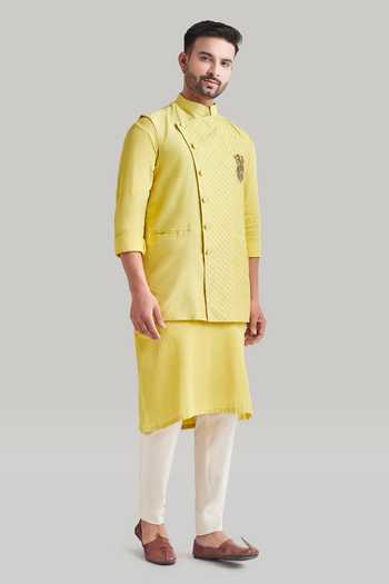 Blue Lotus Design Yellow Cotton Quilted Pattern Nehru Jacket Set Online at Aza Fashions Blue Lotus Design_Yellow Cotton Quilted Pattern Nehru Jacket Set _Online_at_Aza_Fashions