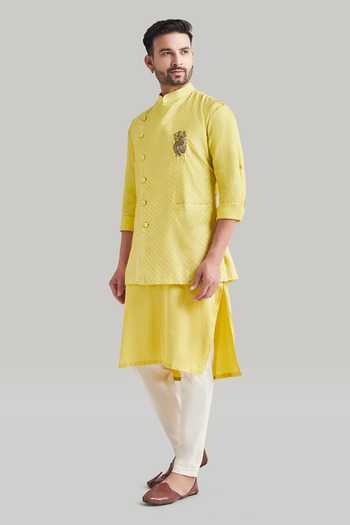 Buy Blue Lotus Design Yellow Cotton Quilted Pattern Nehru Jacket Set Online at Aza Fashions Buy_Blue Lotus Design_Yellow Cotton Quilted Pattern Nehru Jacket Set _Online_at_Aza_Fashions