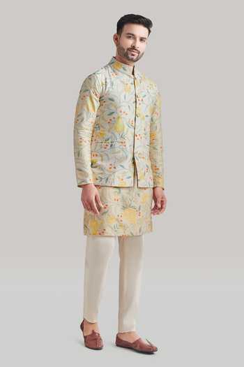 Blue Lotus Design Printed Nehru Jacket Set