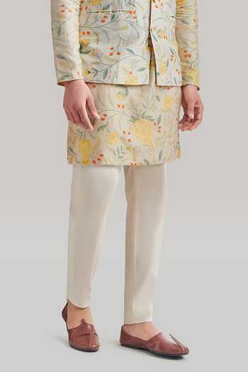 Blue Lotus Design_Ivory Cotton, Raw Silk Printed Nehru Jacket Set _Online_at_Aza_Fashions
