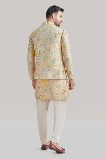 Buy_Blue Lotus Design_Ivory Cotton, Raw Silk Printed Nehru Jacket Set _Online_at_Aza_Fashions