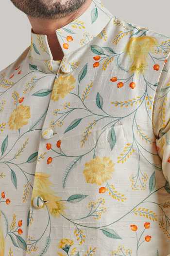 Shop_Blue Lotus Design_Ivory Cotton, Raw Silk Printed Nehru Jacket Set _Online_at_Aza_Fashions