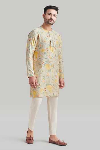 Blue Lotus Design_Ivory Cotton, Raw Silk Printed Kurta And Pant Set _Online_at_Aza_Fashions