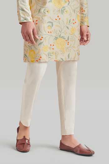 Buy_Blue Lotus Design_Ivory Cotton, Raw Silk Printed Kurta And Pant Set _Online_at_Aza_Fashions