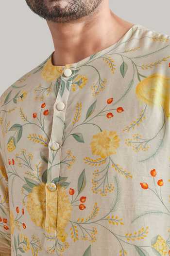 Shop_Blue Lotus Design_Ivory Cotton, Raw Silk Printed Kurta And Pant Set _Online_at_Aza_Fashions