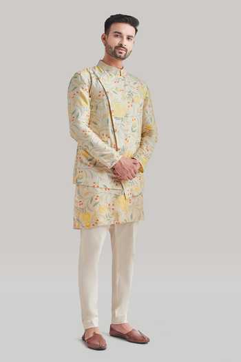 Blue Lotus Design Printed Raw Silk Nehru Jacket