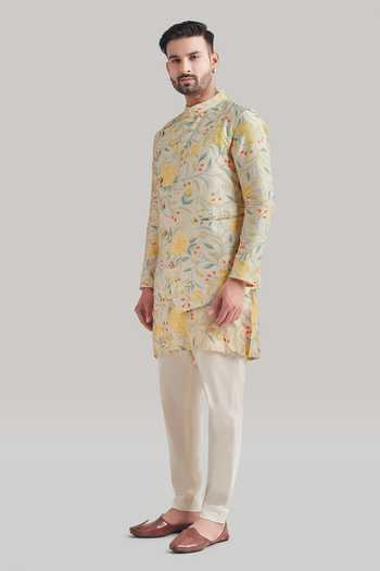 Blue Lotus Design_Ivory Raw Silk Printed Nehru Jacket _Online_at_Aza_Fashions