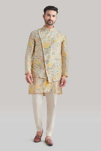 Blue Lotus Design Printed Raw Silk Nehru Jacket