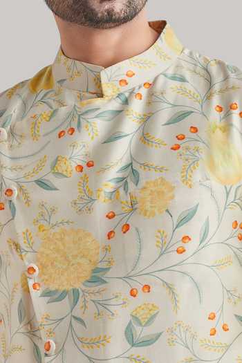 Shop_Blue Lotus Design_Ivory Raw Silk Printed Nehru Jacket _Online_at_Aza_Fashions