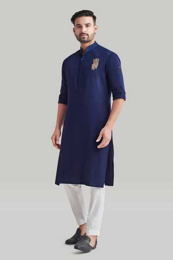 Blue Lotus Design_Blue Cotton Placement Embroidered Kurta Set _Online_at_Aza_Fashions