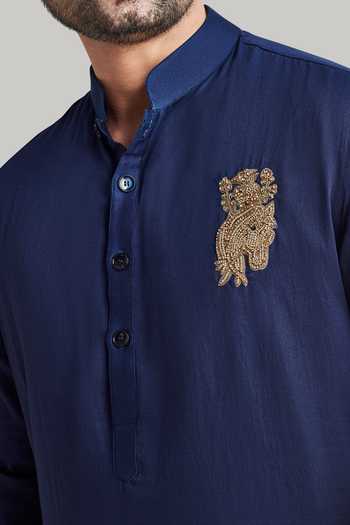 Shop_Blue Lotus Design_Blue Cotton Placement Embroidered Kurta Set _Online_at_Aza_Fashions
