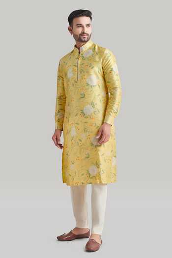Blue Lotus Design_Yellow Cotton, Raw Silk Printed Kurta And Pant Set _Online_at_Aza_Fashions
