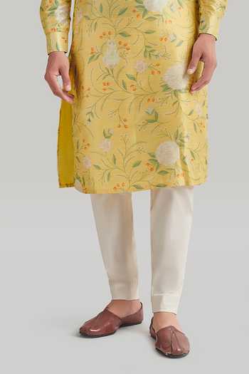 Buy_Blue Lotus Design_Yellow Cotton, Raw Silk Printed Kurta And Pant Set _Online_at_Aza_Fashions