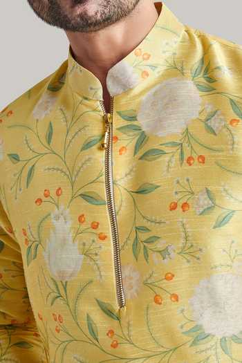 Shop_Blue Lotus Design_Yellow Cotton, Raw Silk Printed Kurta And Pant Set _Online_at_Aza_Fashions