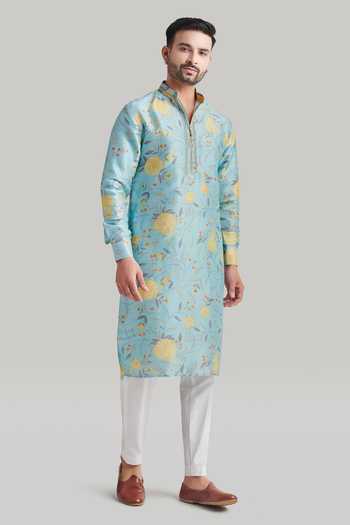 Buy Blue Lotus Design Sky Blue Cotton, Raw Silk Printed Kurta Set Online at Aza Fashions Buy_Blue Lotus Design_Sky Blue Cotton, Raw Silk Printed Kurta Set _Online_at_Aza_Fashions