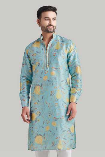 Shop Blue Lotus Design Sky Blue Cotton, Raw Silk Printed Kurta Set Online at Aza Fashions Shop_Blue Lotus Design_Sky Blue Cotton, Raw Silk Printed Kurta Set _Online_at_Aza_Fashions