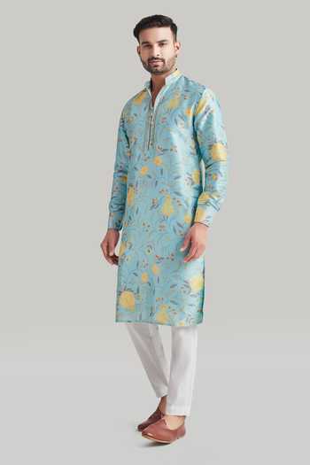 Blue Lotus Design Sky Blue Cotton, Raw Silk Printed Kurta Set at Aza Fashions Blue Lotus Design_Sky Blue Cotton, Raw Silk Printed Kurta Set _at_Aza_Fashions