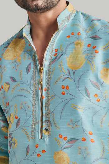 Buy Blue Lotus Design Sky Blue Cotton, Raw Silk Printed Kurta Set Buy_Blue Lotus Design_Sky Blue Cotton, Raw Silk Printed Kurta Set