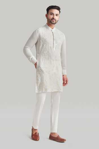 Blue Lotus Design_White Cotton Embroidered Kurta Set _Online_at_Aza_Fashions