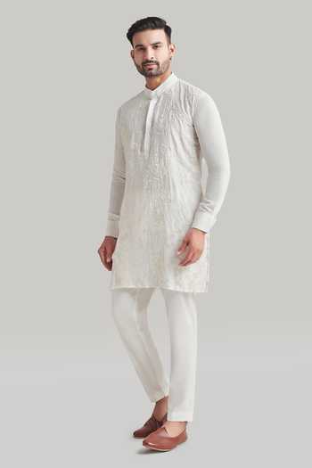 Shop_Blue Lotus Design_White Cotton Embroidered Kurta Set _Online_at_Aza_Fashions