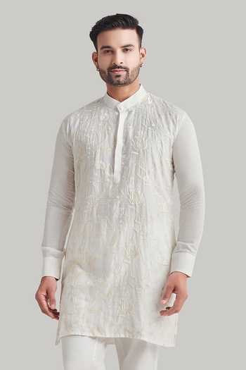 Blue Lotus Design_White Cotton Embroidered Kurta Set _at_Aza_Fashions