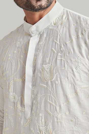 Buy_Blue Lotus Design_White Cotton Embroidered Kurta Set 