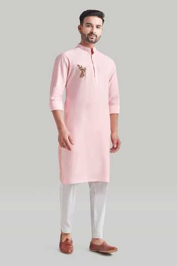 Blue Lotus Design_Pink Cotton Placement Embroidered Kurta Set _Online_at_Aza_Fashions