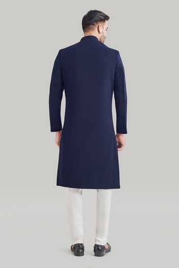 Blue Lotus Design Plain Sherwani Set