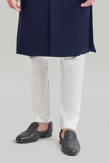 Blue Lotus Design_Blue Cotton, Lycra, Rayon Plain Sherwani Set _Online_at_Aza_Fashions
