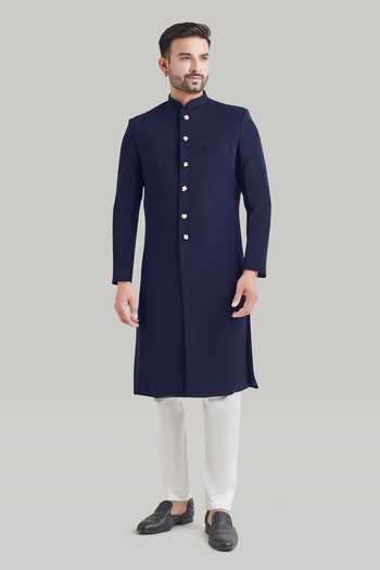 Blue Lotus Design Plain Sherwani Set