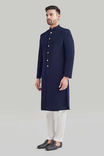 Buy_Blue Lotus Design_Blue Cotton, Lycra, Rayon Plain Sherwani Set _Online_at_Aza_Fashions