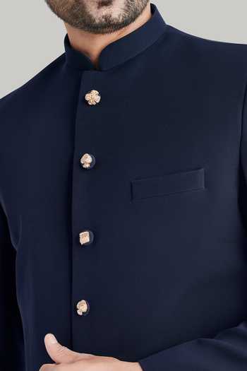 Shop_Blue Lotus Design_Blue Cotton, Lycra, Rayon Plain Sherwani Set _Online_at_Aza_Fashions