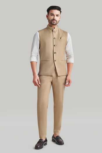 Blue Lotus Design_Beige Suiting Plain Nehru Jacket _Online_at_Aza_Fashions