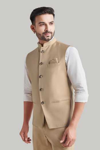 Buy_Blue Lotus Design_Beige Suiting Plain Nehru Jacket _Online_at_Aza_Fashions