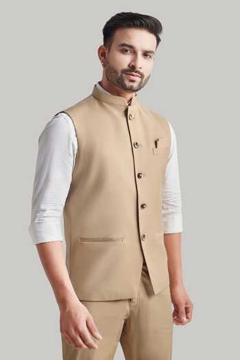 Shop_Blue Lotus Design_Beige Suiting Plain Nehru Jacket _Online_at_Aza_Fashions