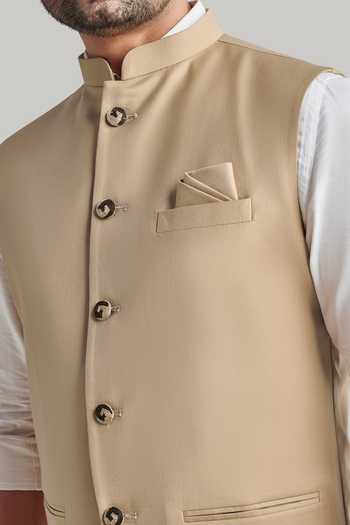 Blue Lotus Design_Beige Suiting Plain Nehru Jacket _at_Aza_Fashions