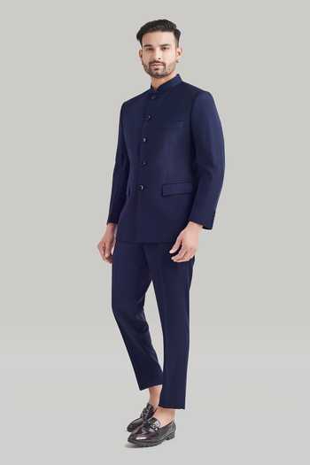 Blue Lotus Design_Blue Suiting Plain Bandhgala And Pant Set _Online_at_Aza_Fashions