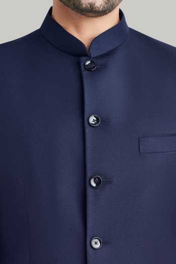 Shop_Blue Lotus Design_Blue Suiting Plain Bandhgala And Pant Set _Online_at_Aza_Fashions