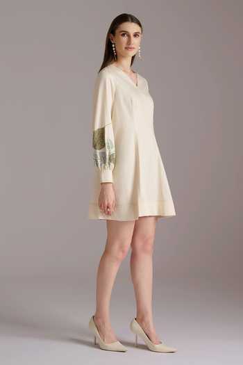 JAYN India_Cream Cotton, Tencel V-neck Embroidered Short Dress _Online_at_Aza_Fashions