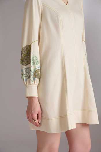 Buy_JAYN India_Cream Cotton, Tencel V-neck Embroidered Short Dress _Online_at_Aza_Fashions