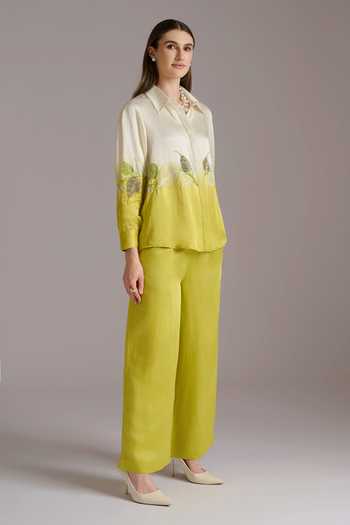 Buy_JAYN India_Ivory Satin, Linen Collared Neck Ombre Shirt And Pant Co-ord Set _Online_at_Aza_Fashions
