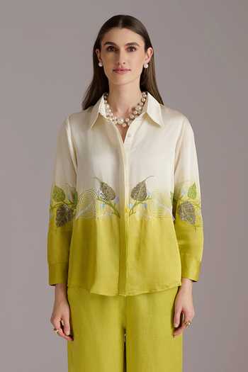 Shop_JAYN India_Ivory Satin, Linen Collared Neck Ombre Shirt And Pant Co-ord Set _Online_at_Aza_Fashions