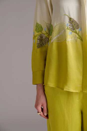 JAYN India_Ivory Satin, Linen Collared Neck Ombre Shirt And Pant Co-ord Set _at_Aza_Fashions